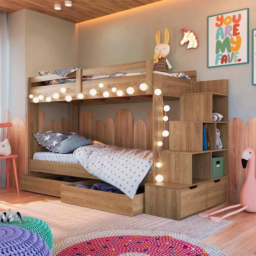 Cama Beliche Infantil Solteiro Com 05 Nichos E 02 Gavetões 231cm Aveiro OAK Decker Shop Jm - Marrom