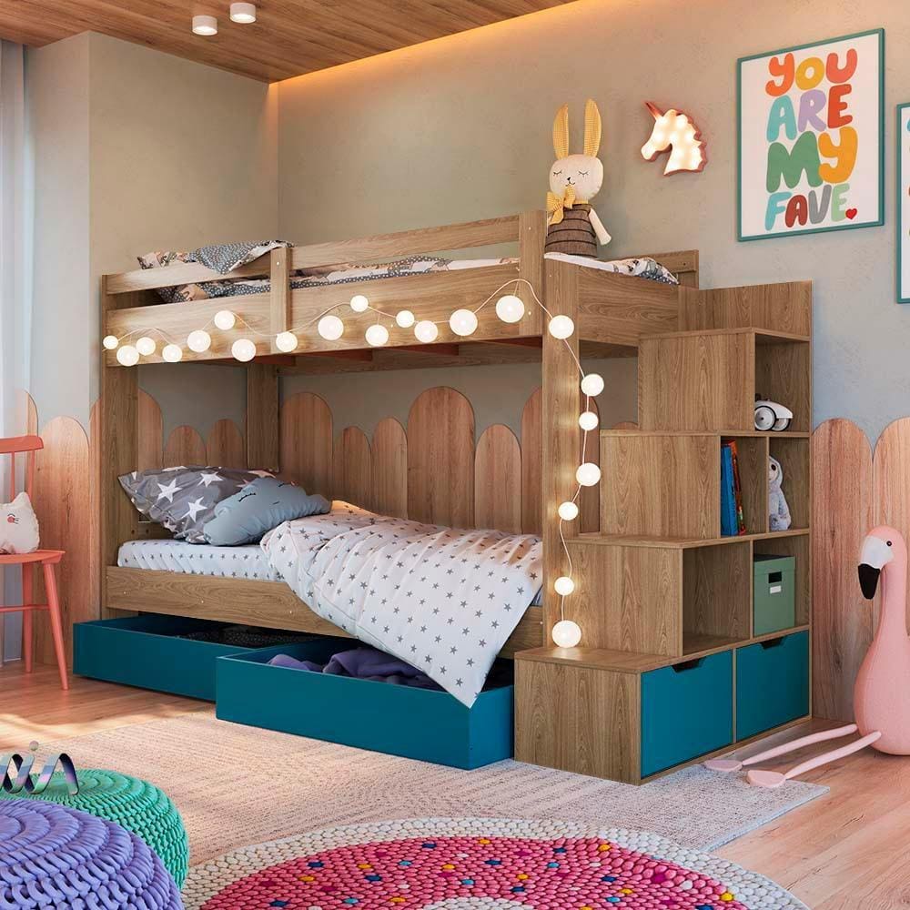 Cama Beliche Solteiro Com 05 Nichos E 02 Colchões Aveiro OAK Azul Decker Shop Jm - Marrom