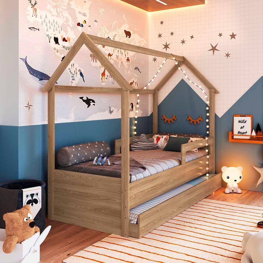 Cama Infantil Casinha Com Auxiliar E 2 Colchões Aveiro Oak Sonho Completa Móveis - Marrom
