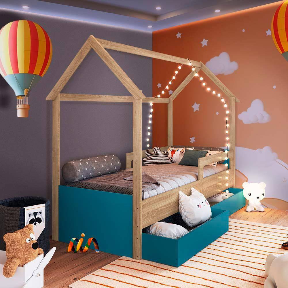 Cama Infantil Solteiro Com Colchão 2 Gavetas Casinha Aveiro Oak Azul Secreto Carrossel Shop JM - Marrom