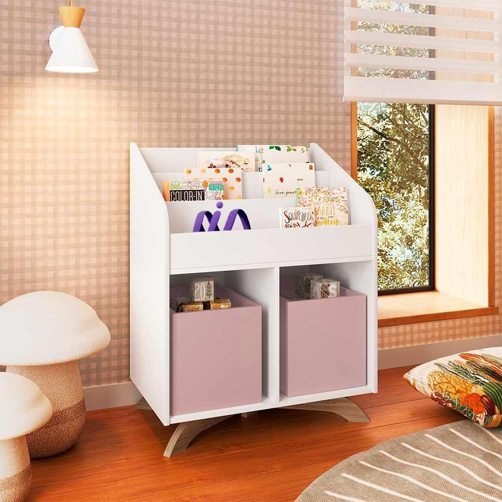 Livreiro Infantil Organizador Branco Com 2 Cubos Rosa Affeto Completa Móveis - Branco