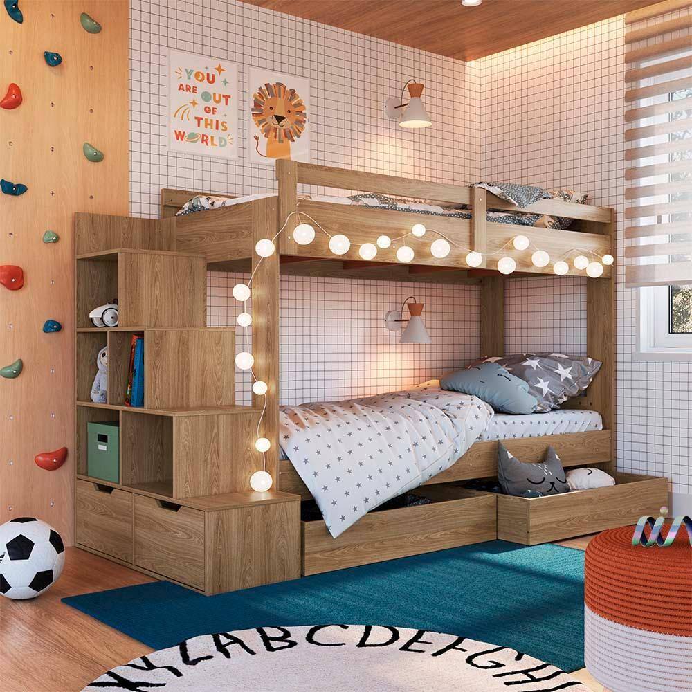 Beliche Infantil Solteiro Com Escada E Gavetões Aveiro OAK Stoney Completa Móveis - Marrom