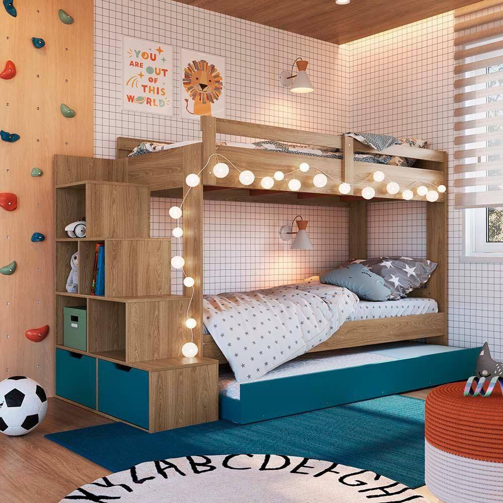 Treliche Infantil Solteiro Com Escada E Cama Auxiliar Aveiro OAK Azul Dermott Completa Móveis - Marrom
