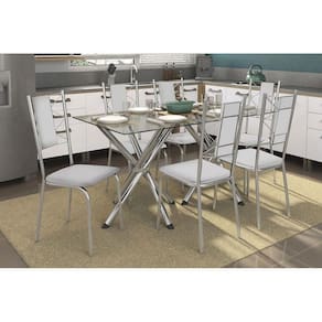 Sala de Jantar Completa Volga C/ Tampo Vidro 150cm + 6 Cadeiras Lisboa Cromado Courano Branco