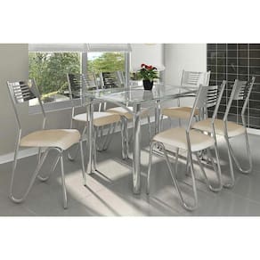 Kit Mesa Elba C- Tampo de Vidro 140cm + 6 Cadeiras Nápoles Cromada Nude