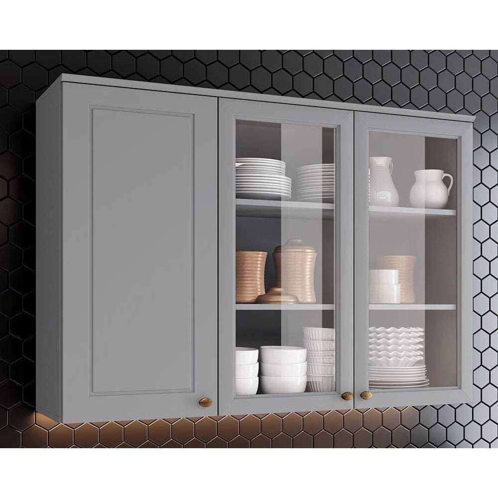 Módulo Cozinha Henn Americana Armário 3 Portas De Vidro (2 C- Vidro) 120cm Cinza