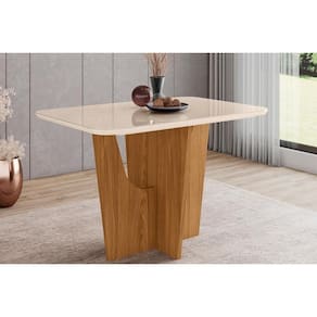 Mesa Para Cozinha Vértice Sc44 + Tampo Madeirado Vidro Curvo 120x80cm Nature-off White - Henn