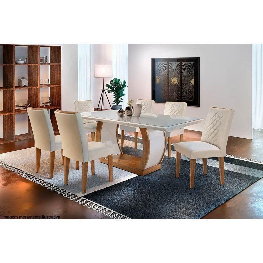 Sala De Jantar Completa C/ Tampo Madeirado C/ Vidro Canto Reto 180cm + 6 Cadeiras Imbuia/ow/creme
