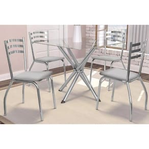 Sala de Jantar Completa Volga C/ Tampo Vidro 90cm + 4 Cadeiras Portugal Cromado Courano Branco
