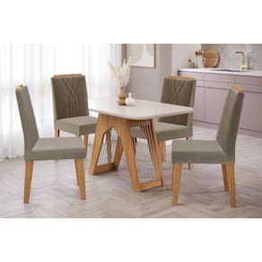 Sala de Jantar Completa Carol C/ Tampo Vidro 130cm + 4 Cadeiras Nature Off White Madeira