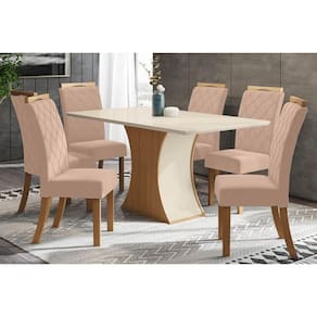 Sala de Jantar Completa Luiza 160Cm + 6 Cadeiras Bella Nature Veludo Light Linho
