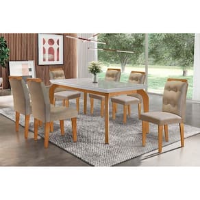 Kit Mesa Londrina Tampo Vidro 180cm + 6 Cadeiras Imbuia Linho Turim