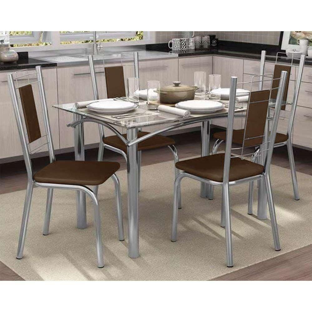 Sala de Jantar Completa Elba 120Cm + 4 Cadeiras Florença Cromado Courano Marrom