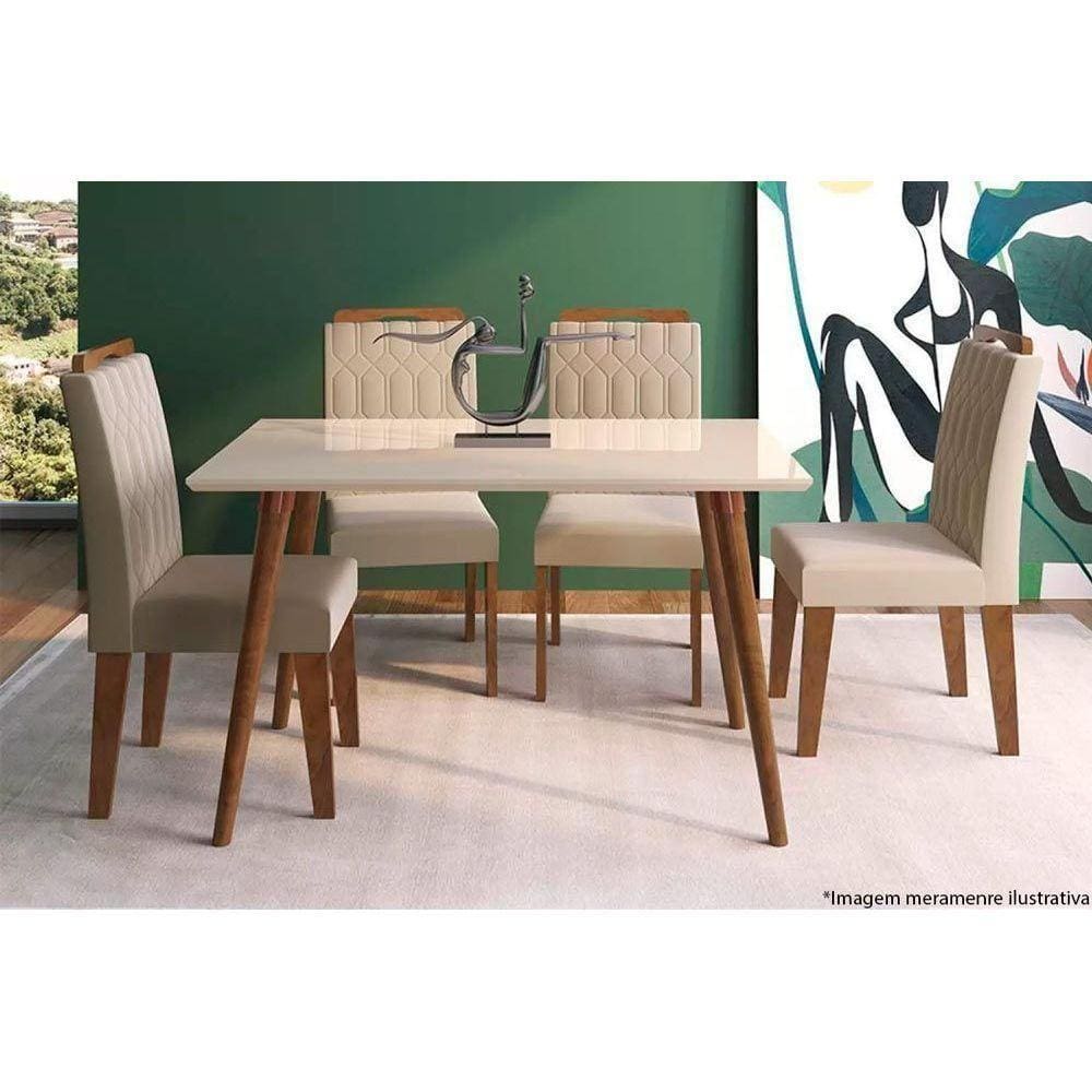 Sala de Jantar Completa C/ Tampo Vidro 130Cm + 4 Cadeiras Madeira Off White Suede Nude
