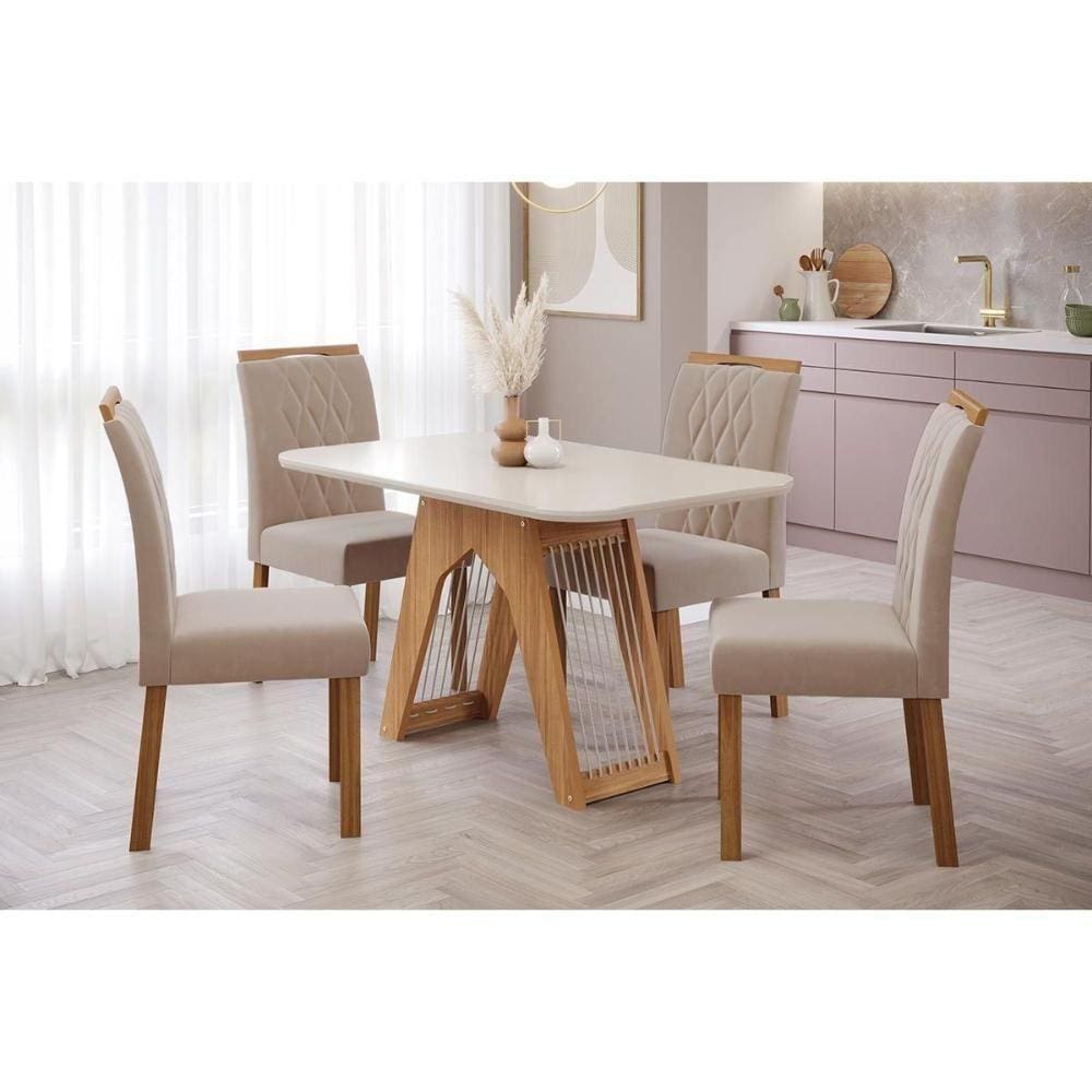 Sala de Jantar Completa Carol C/ Tampo Vidro 130cm + 4 Cadeiras Nature Off White Madeira Linho Bege