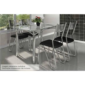 Sala de Jantar Completa Elba C/ Tampo Vidro 140cm + 4 Cadeiras Nápoles Cromado Courano Preto