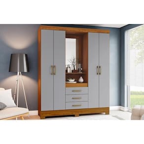Guarda Roupa Solteiro 4 Portas E 3 Gavetas C/ Espelho Briz B24 Nature/Veludo Light Cinza Gelo - Henn