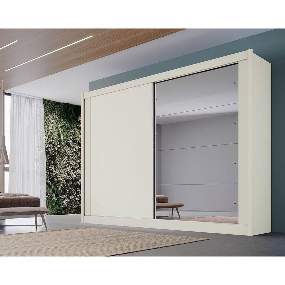 Guarda Roupa Casal 2 Portas De Correr E 4 Gavetas C/ Espelho Creta Off White/Amêndoa - Europa