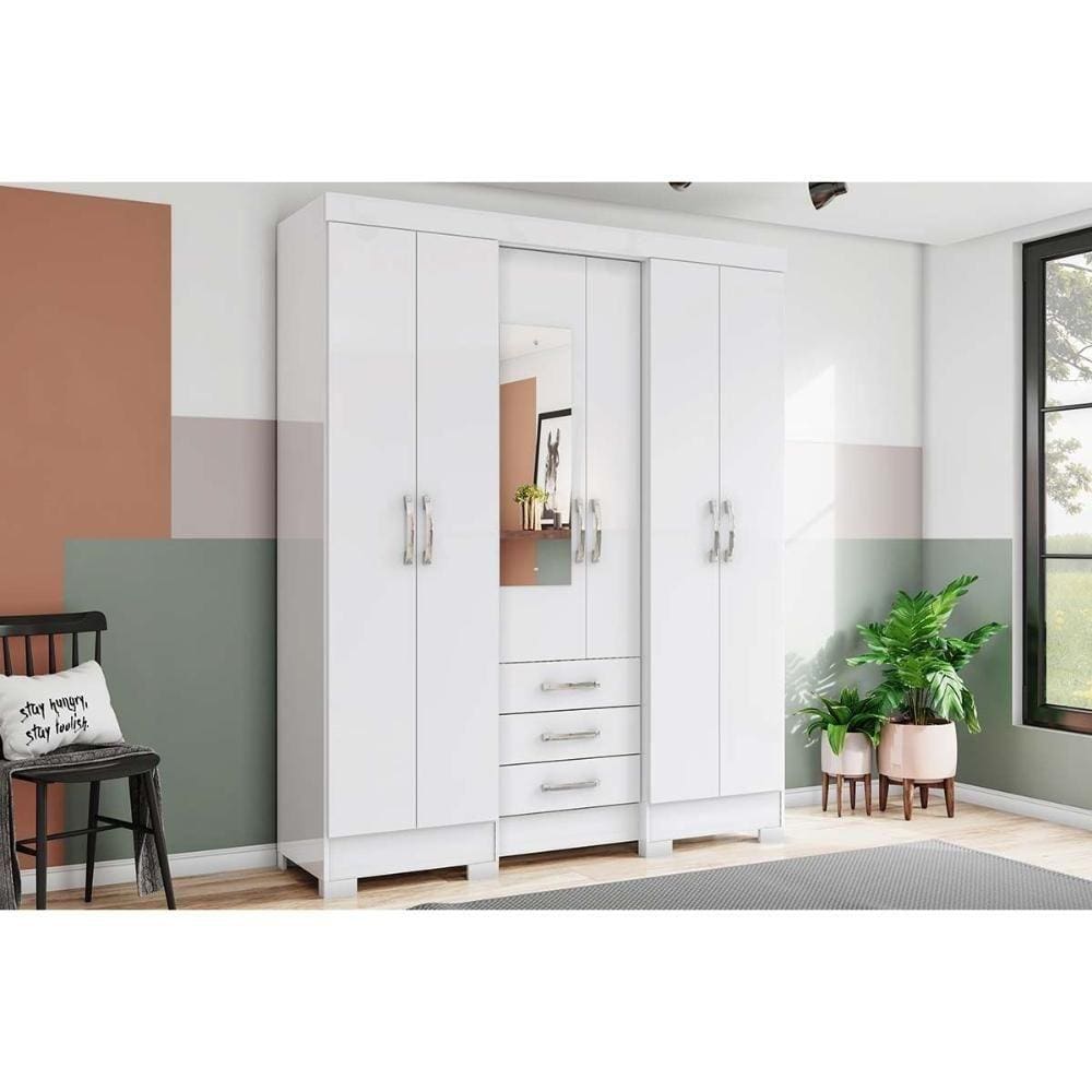 Guarda Roupa 6 Portas E 3 Gavetas C/ Espelho Briz B23 Branco - Henn