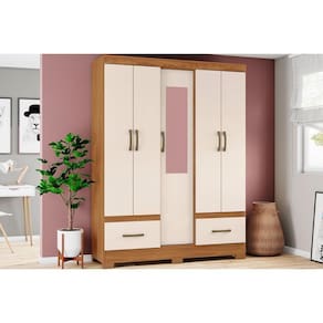 Guarda Roupa 5 Portas E 2 Gavetas C/ Espelho Briz B60 Nature/off White - Henn