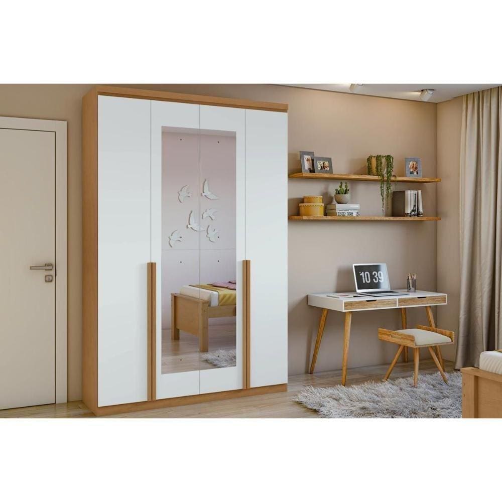 Guarda Roupa 4 Portas E 2 Gavetas C/ Espelho Alonzo New Amêndoa/Branco - Lopas