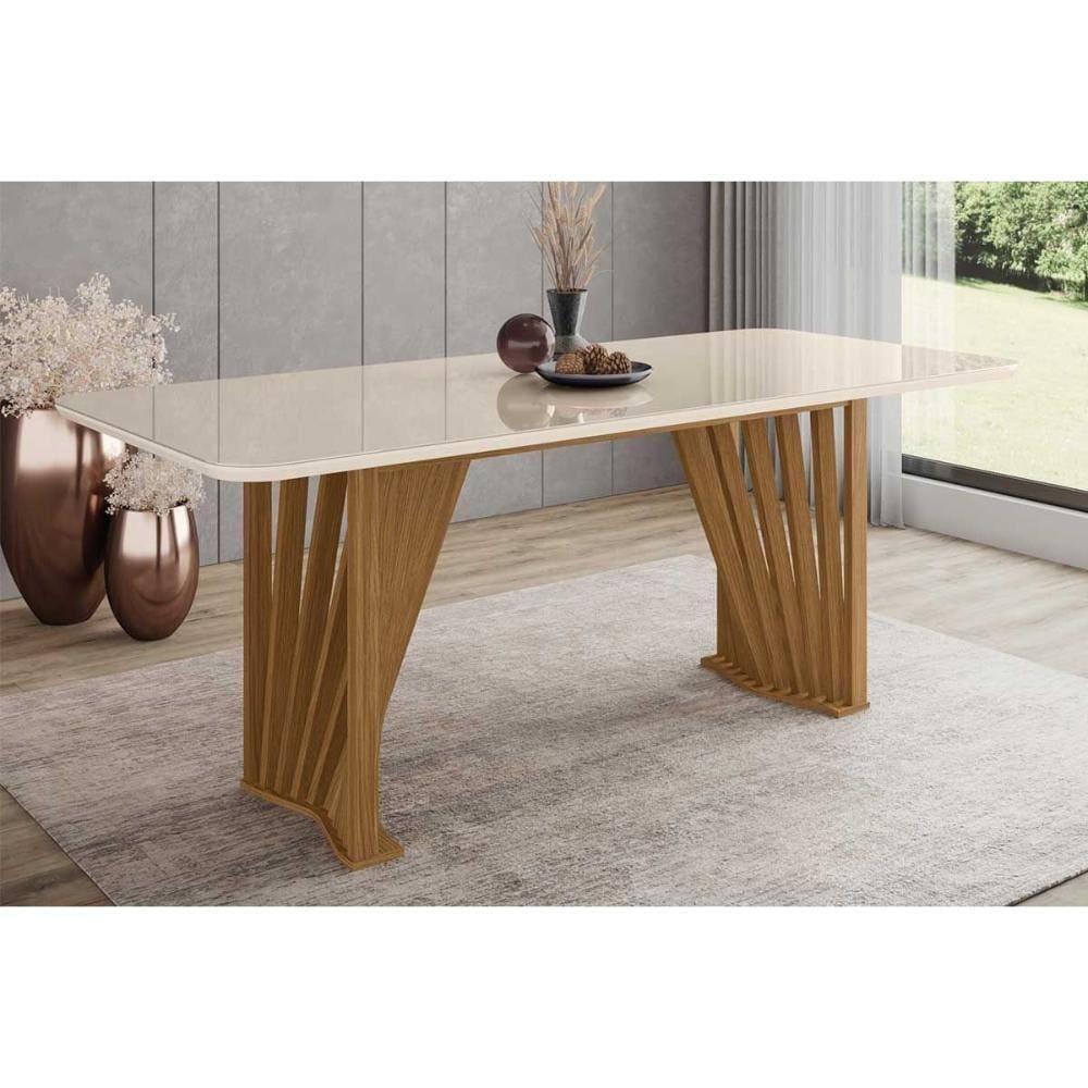 Mesa Para Cozinha Adriana Sc46 + Tampo Madeirado Vidro Curvo 200x80cm Nature-off White - Henn