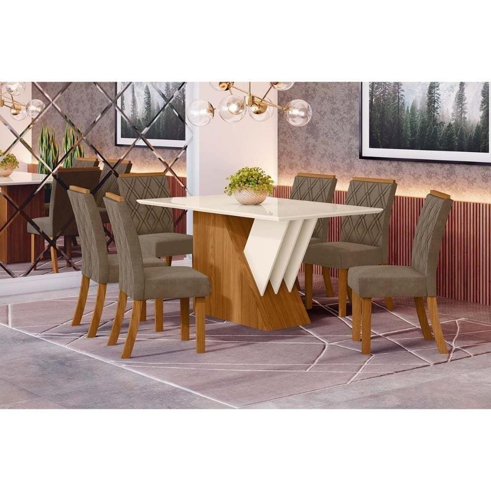 Sala de Jantar Completa Epic 160Cm + 6 Cadeiras Vita Nature Veludo Light Bege Vanilla