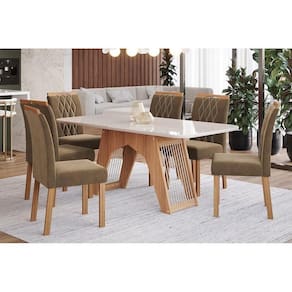 Sala de Jantar Completa Carol C/ Tampo Vidro 180cm + 6 Cadeiras Nature Off White Madeira