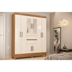 Guarda Roupa 8 Portas E 2 Gavetas C/ Espelho Munique Amêndola/Off White - Demóbile