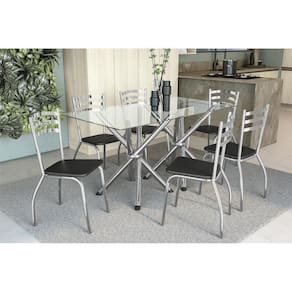 Sala de Jantar Completa Volga C/ Tampo Vidro 150cm + 6 Cadeiras Portugal Cromado Courano Preto