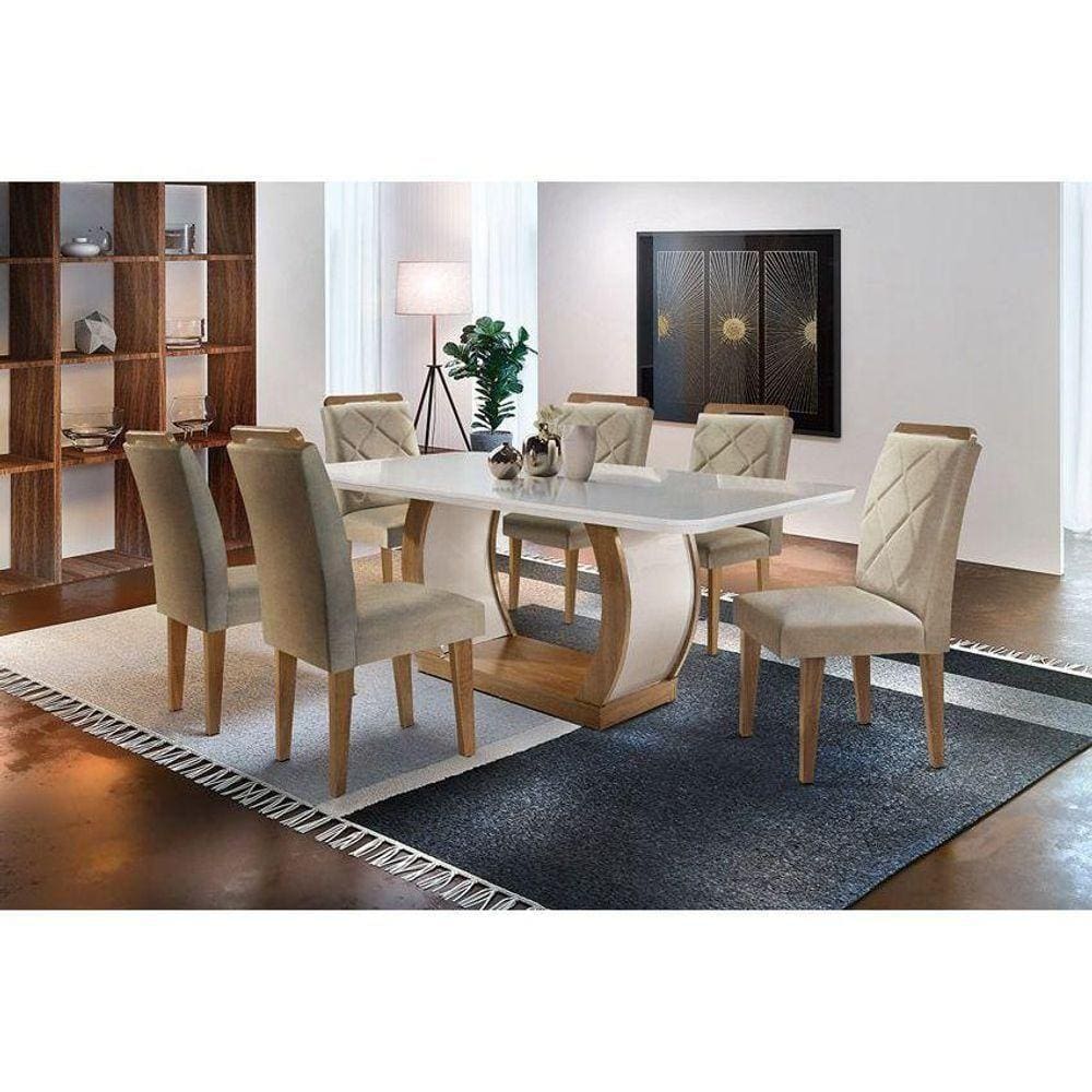 Sala de Jantar Completa C/ Tampo Vidro Canto Curvo 6 Cadeiras Imbuia Linho Turim