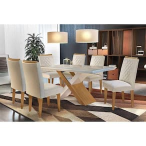 Sala de Jantar Completa Vidro 180Cm + 6 Cadeiras Imbuia Veludo Creme