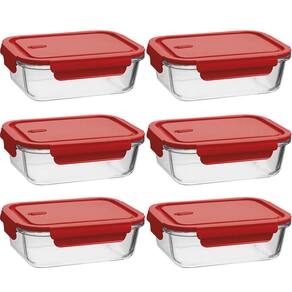 Kit 6 Potes Herméticos de Vidro Borossilicato 1,04L Retangulares Vermelho Uz