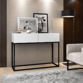 Aparador Buffet Hall De Entrada Luxo Eros 02 Gavetas 90cm Branco Com Preto