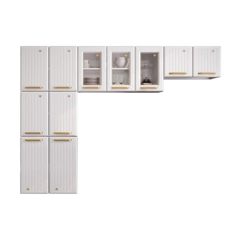 Kit De Cozinha Completa 3 Peças Diamante (2 Armários + 1 Paneleiro) C/ Vidro Branco - Telasul