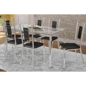 Kit Mesa Reno C- Tampo Vidro 150cm + 6 Cadeiras Florença Cromado Courano Preto