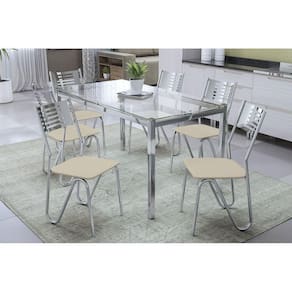 Kit Mesa Reno C- Tampo de Vidro 150cm + 6 Cadeiras Nápoles Cromada Nude