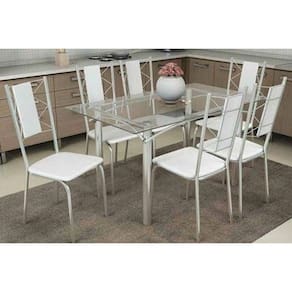 Kit Mesa Elba C- Tampo de Vidro 140cm + 6 Cadeiras Lisboa Cromada Branco