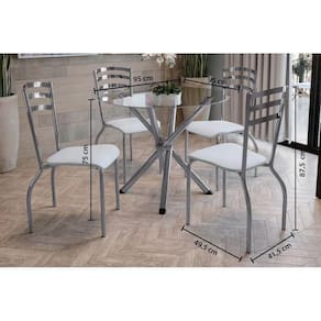 Kit Mesa Volga C- Tampo Vidro 95cm + 4 Cadeiras Portugal Cromado Courano Branco