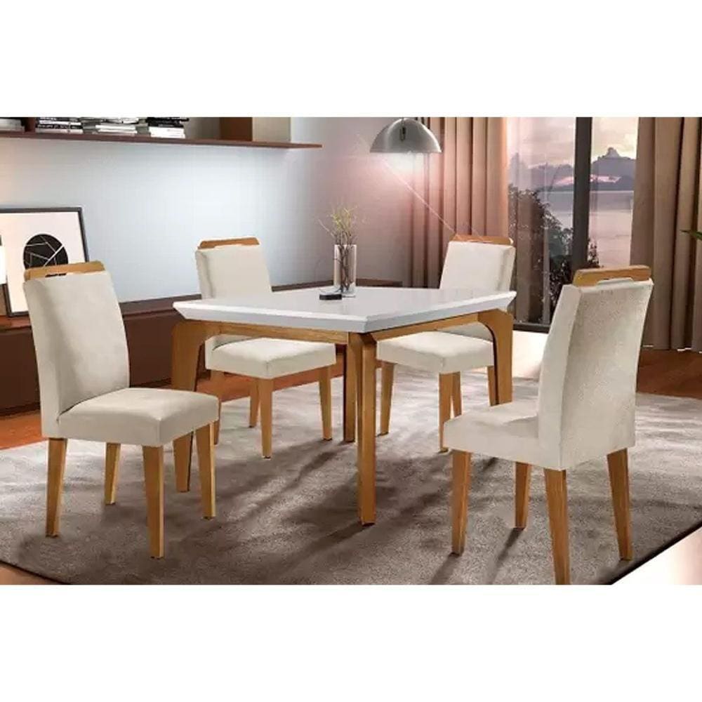 Kit Mesa Londrina Tampo Vidro 120cm + 4 Cadeiras Imbuia Veludo Creme