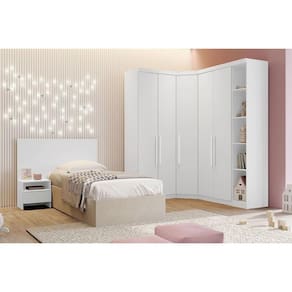 Quarto Modulado Solteiro Rizon 5 Peças (1 Closet 2 Guarda Roupas 1 Complemento 1 Cabeceira) Branco