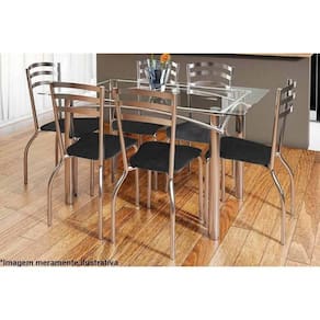 Kit Mesa Elba C- Tampo Vidro 150cm + 6 Cadeiras Portugal Cromado Courano Preto