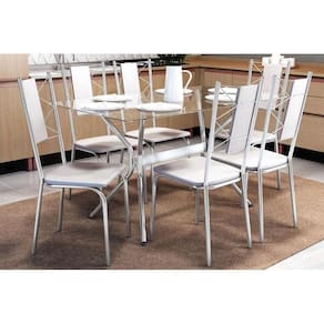 Kit Mesa Loire C- Tampo Vidro 150cm + 6 Cadeiras Lisboa Cromado Courano Branco