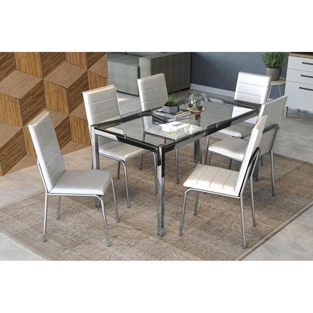 Kit Mesa Reno C- Tampo de Vidro 150cm + 6 Cadeiras Amsterdã Cromada Branco