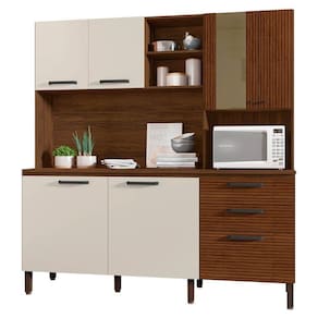 Armário De Cozinha Compacta 182cm Giga Balcão Com Tampo K02 Nogueira/off White/ripado - Mpozenato