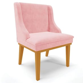 Cadeira Estofada Para Sala De Jantar Base Fixa De Madeira Castanho Lia Suede Rosa Bebê - Ibiza