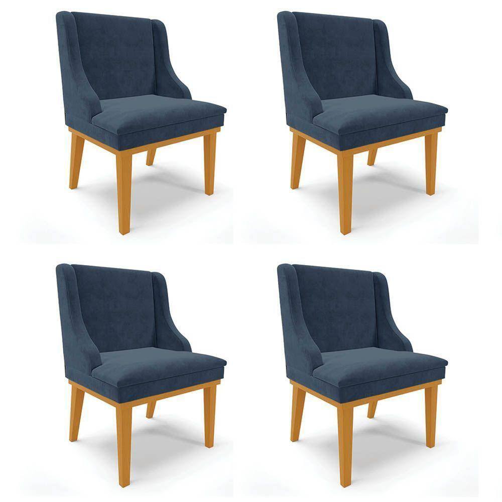 Kit 4 Cadeiras Estofadas Para Sala De Jantar Base Fixa De Madeira Castanho Lia Suede Azul-Ibiza