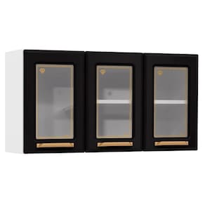 Armário Aéreo P/ Cozinha Diamante 3 Portas C/ Vidro 105cm Branco/preto - Telasul