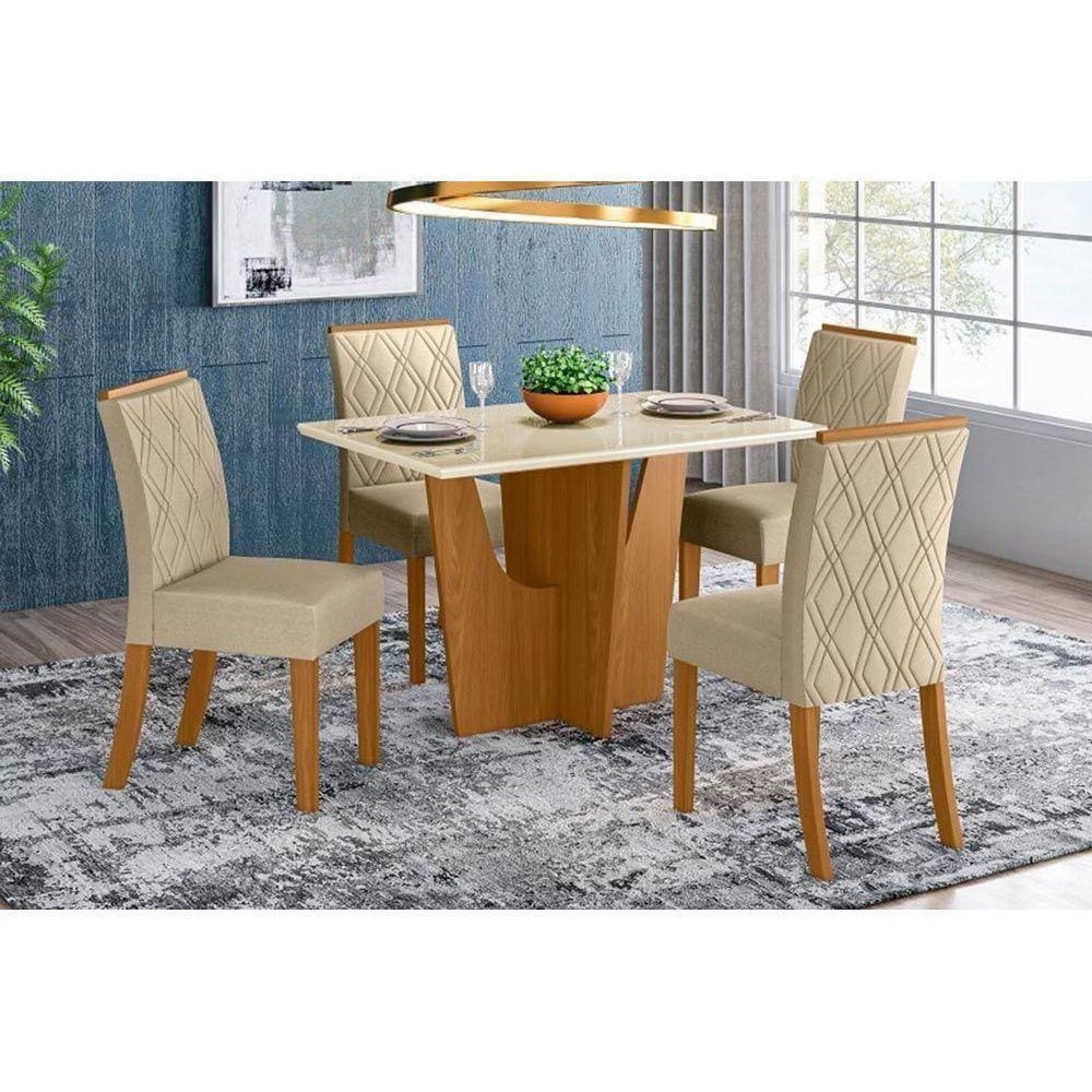 Kit Mesa Vértice C- Tampo Vidro 120cm + 4 Cadeiras Vita Nature Veludo Light Linho