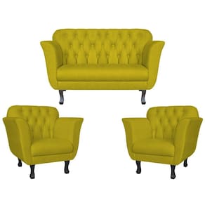 Kit Namoradeira + 2 Poltronas Decorativa Dália Suede Amarelo Pés Madeira Mz Decor